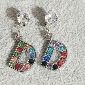 Initial Letter D Multicolored Rhinestone Silver Tone Dangle Earrings